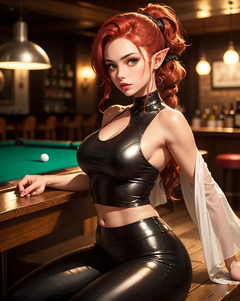 Short chubby female elf with crimson hair, wearing tight black leather pants and an elegant white silky sleeveless top. She is sitting on a stool in a bar drinking from a glass of red wine. Elf female. Pointy ears. human shape. human face. Short in height....