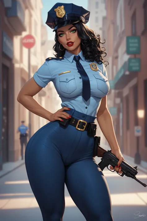 (date:20250222,By:Joulios)  Girl police aiming her gun, with police uniform, slutty face, very curly black hair, very dark skin, green eyes,  thick red lips, very curvy athletic build, senos medianos,  very thin waist ,  marked abdomen, very wide hips, hip...