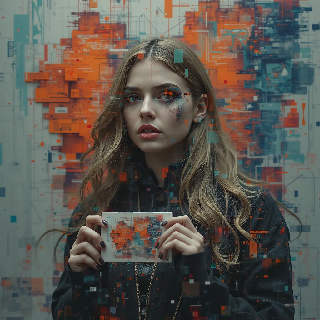 Surreal portrait, fragmented woman, digital distortion, glitch art, photo manipulation, colorful abstract, holding small painting, cyberpunk aesthetic, dark clothing, long wavy hair, vibrant colors, orange and blue tones, futuristic, artistic composition, ...