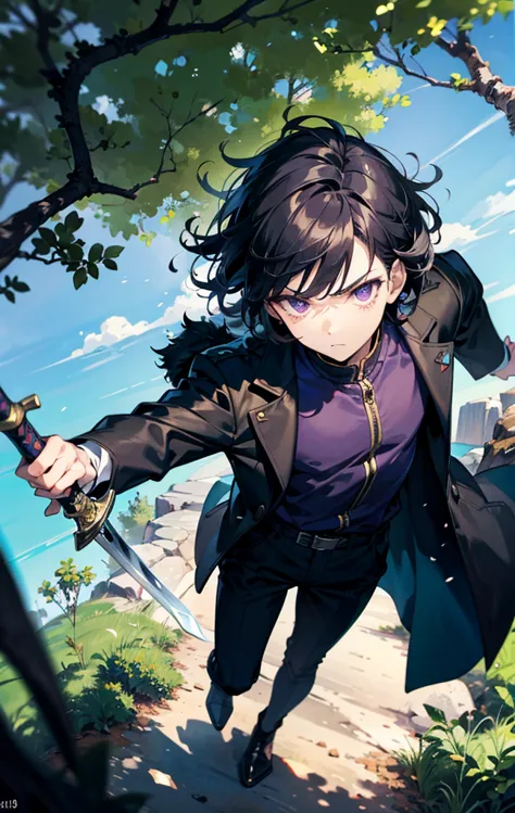 Anime art style,highest quality,High resolution,Anatomically correct,One Man,good looking,Twenty generations,Black Hair,purple Eyes,Super detailed,Spiky Hair, short hair, messy Hair,fullbody,Brave,black long coat,Black trousers,Simple armor,Serious express...