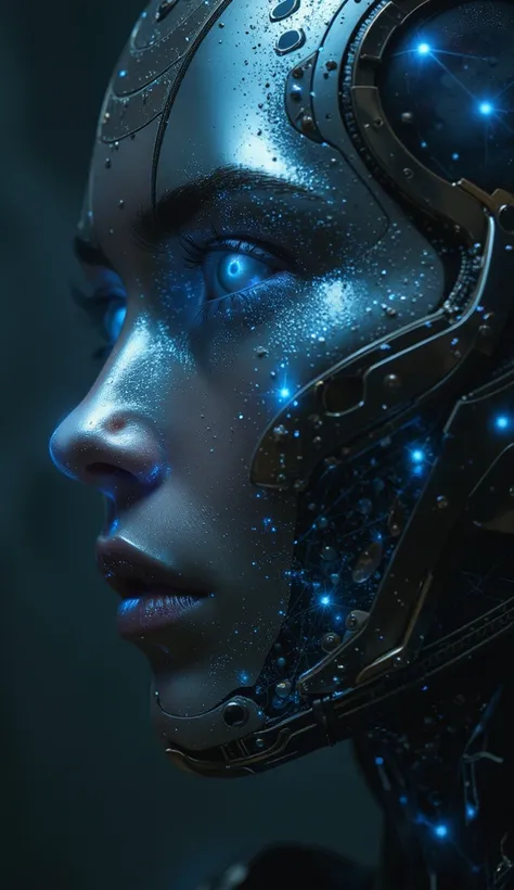 Futuristic android face, cybernetic profile, glowing constellation patterns, liquid metal skin, shimmering droplets, bioluminescent eyes, dark background, sci-fi aesthetic, hyper-realistic rendering, intricate details, ethereal lighting, reflective surface...