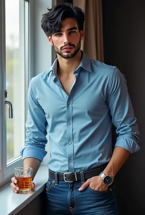 A man with short black hair, blue eyes, wearing a sky blue long sleeve shirt, jeans jeans,  She stands next to a window , has a glass of whiskey in his hand and a hand in his pocket, It has a silver watch 