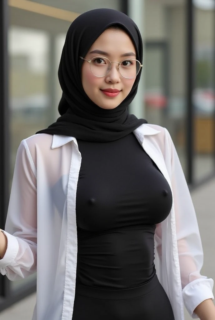 RAW, (NSFW), (pornography), sexy beautiful and cute Indonesian girls, glasses over her head, (black transparent large hijab pashmina cover her black hair and ear), (black short sleeves thin see through inner t-shirt), (open white long sleeves see through u...