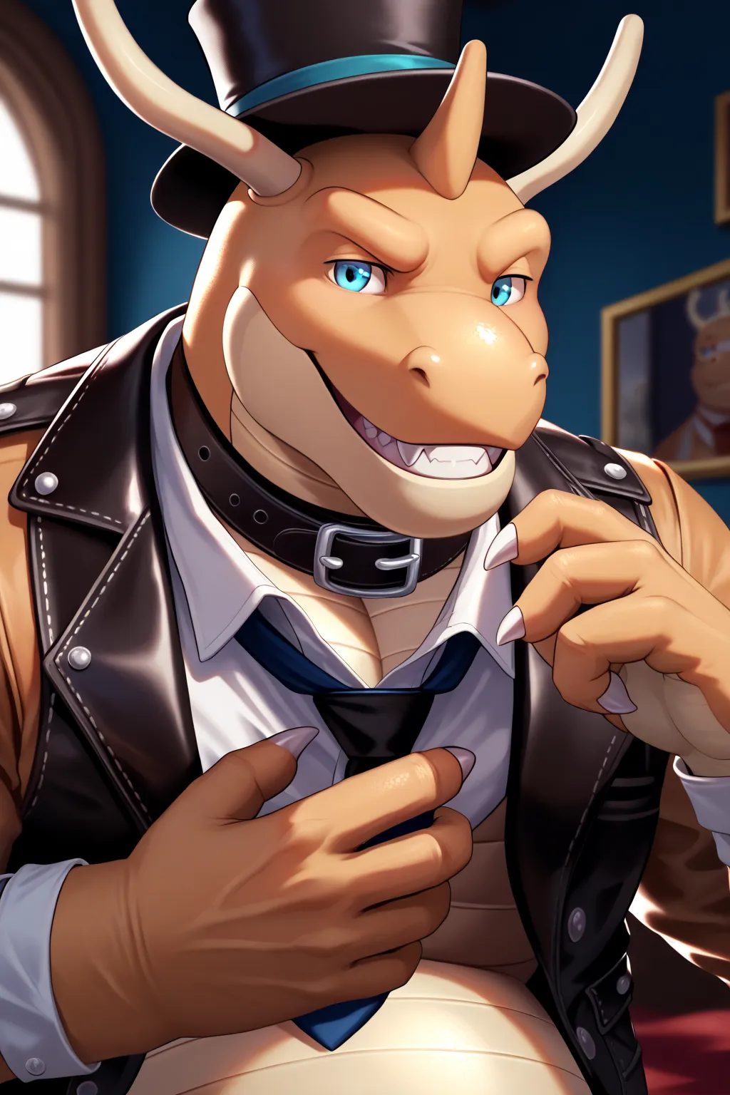 Male, close up, fat, musclegut, obese, gentleman, dapper steampunk Dragonite, blue eyes, wearing a big leather collar around his neck, (soft shading), 4k, hi res, ((detailed face, detailed)), looking at viewer, evil grin, collared shirt with buttons, top-h...