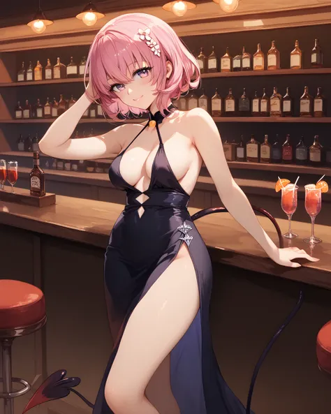 tlrmomo, pink hair,
hair flower, demon tail, score_9, score_8_up, score_7_up, source_anime, solo, cocktail dress, halter dress, plunging neckline, center opening, side slit, high-waist sideboob, high heel sandalette, bar, one hand on own head, blush, smile