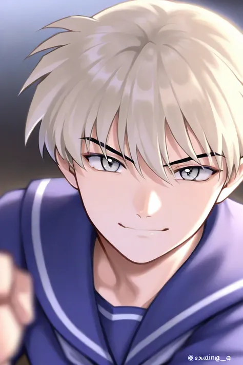 Tall ager boy student with Blonde short hair, light cold gray eyes, cooky Prince, smiling, wearing blue school uniform. The boy is joking. Inuyasha manga art style.