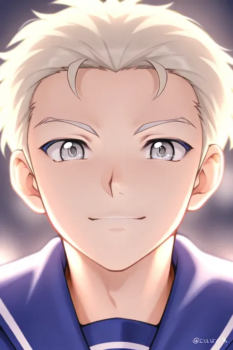 Tall ager boy student with Blonde short hair, light cold gray eyes, cooky Prince, smiling, wearing blue school uniform. The boy is joking. Inuyasha manga art style.