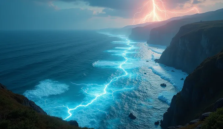 (photorealism:1.3), magically empowered ocean from a view high in the sky, breezy, the colors are dynamically random, it feels like an alien atmosphere, you can see the shore, this place is dark and disturbed, you can see electricity under the water's surf...