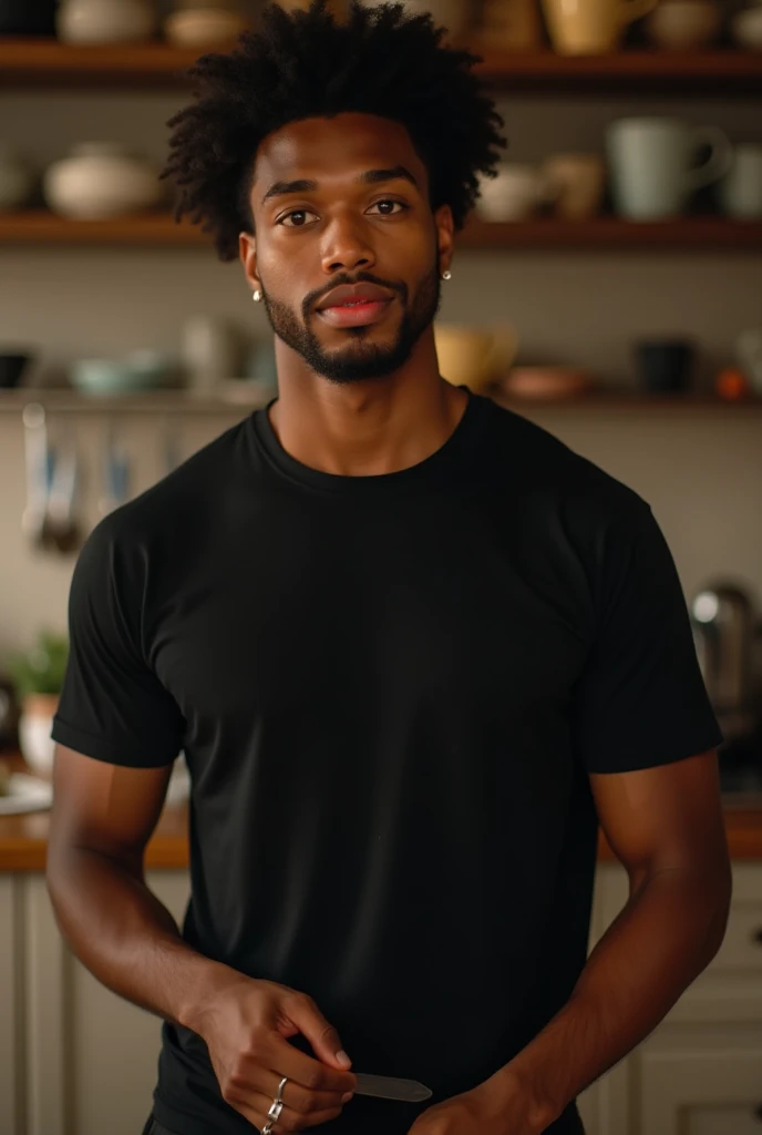 A handsome, age, black, beautiful, black, light, skin, hazel eyes, attractive red lips, lean, athletic build, black curly hair, ear ring, dressed in, large black t-shirt, cooking, kitchen, evening, beautiful jawline ,, (full view, high detail, extreme wide...