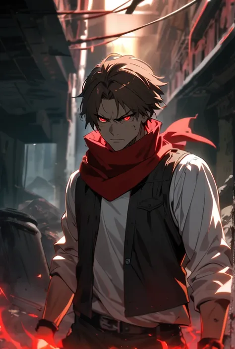 man, short brown hair, red eyes, red thug scarf around the neck, white shirt, black open vest, Sheriff star in the vest, brown pants, serious expression,  red aura, possessed 