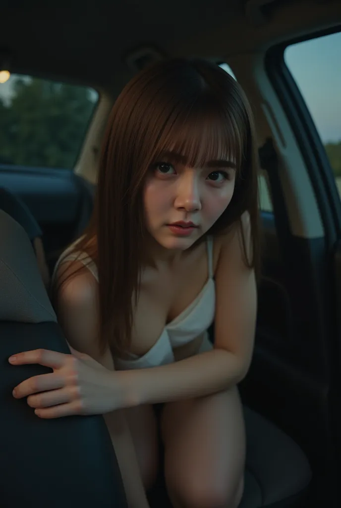 Photorealistic, 8k, soft diffused artificial lighting, 1girl, Japanese, light-brown hair, bare body, small breast, bare chest, dangerous eyes to camera, close-up shot, kneeling on backseat of car, early morning, dim interior lighting, hand gripping seat fo...