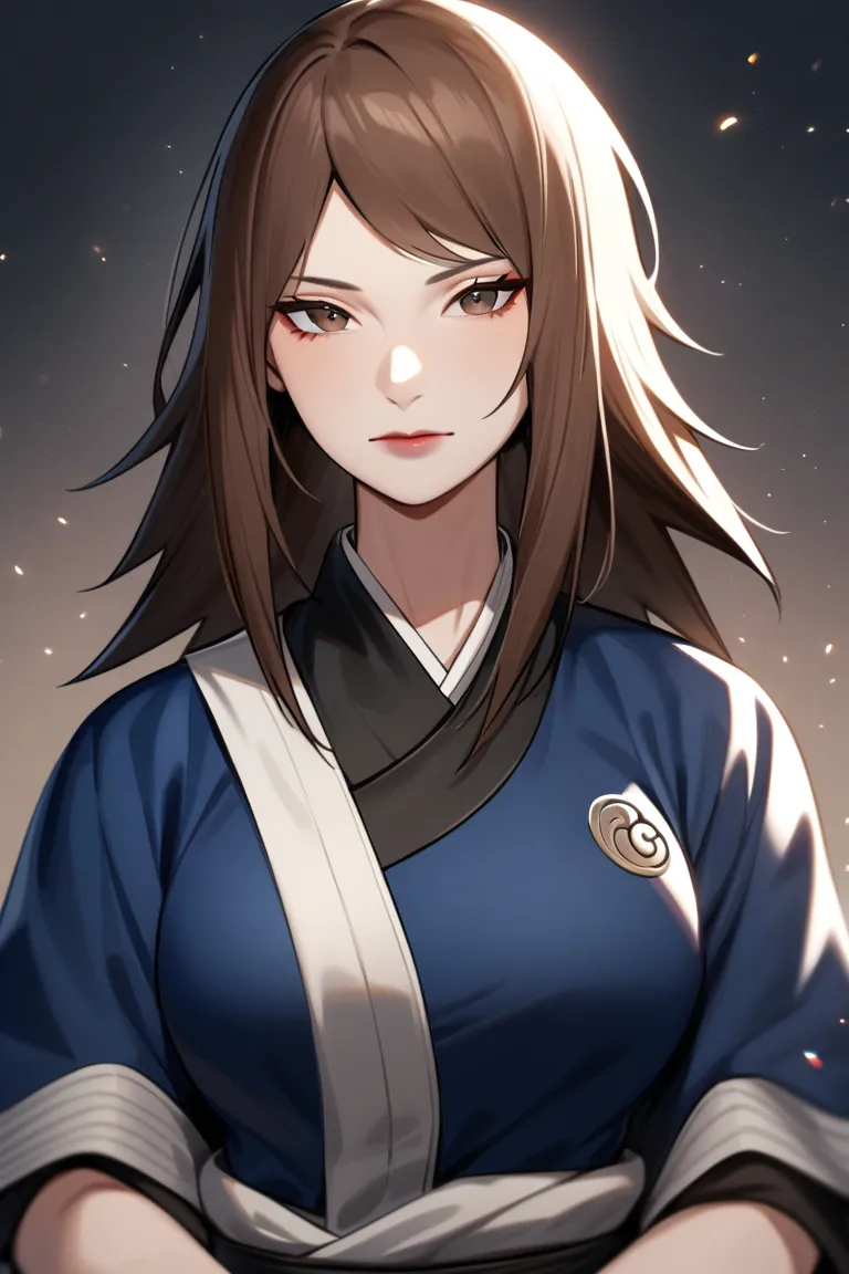 a woman from the Naruto Universe, a member of the Senju clan, typical ninja clothes, blue clothes, clothes with Senju symbols. Long brown hair, no bangs, brown eyes. Mature and serene face, intricate details