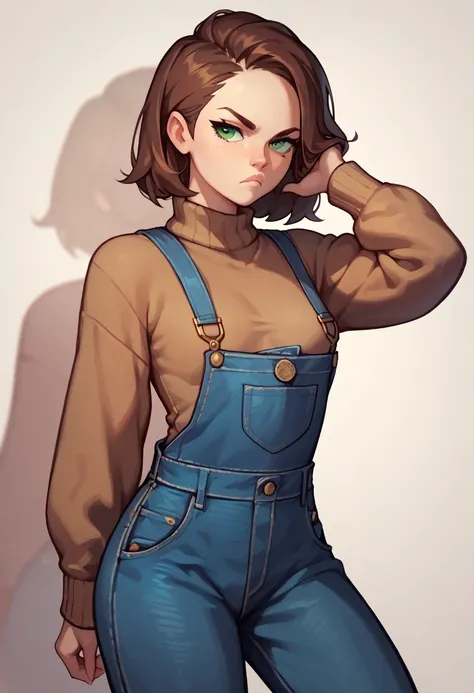 Masterpiece, 1 girl, brown hair, green eyes, pale skin, skinny, thin body, small breasts, serious, brown sweater, overalls