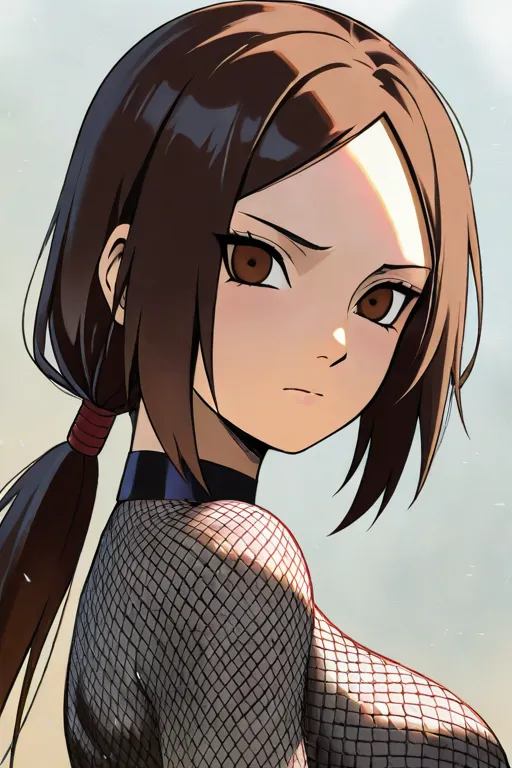 Create a character . The girl 20 years old.slender body .brown eyes, dark brown hair, weak low ponytail.opened forehead,beautiful, Mesh body.straight baige skirt with slits on bough sides. Naruto anime style. Without bangs, 