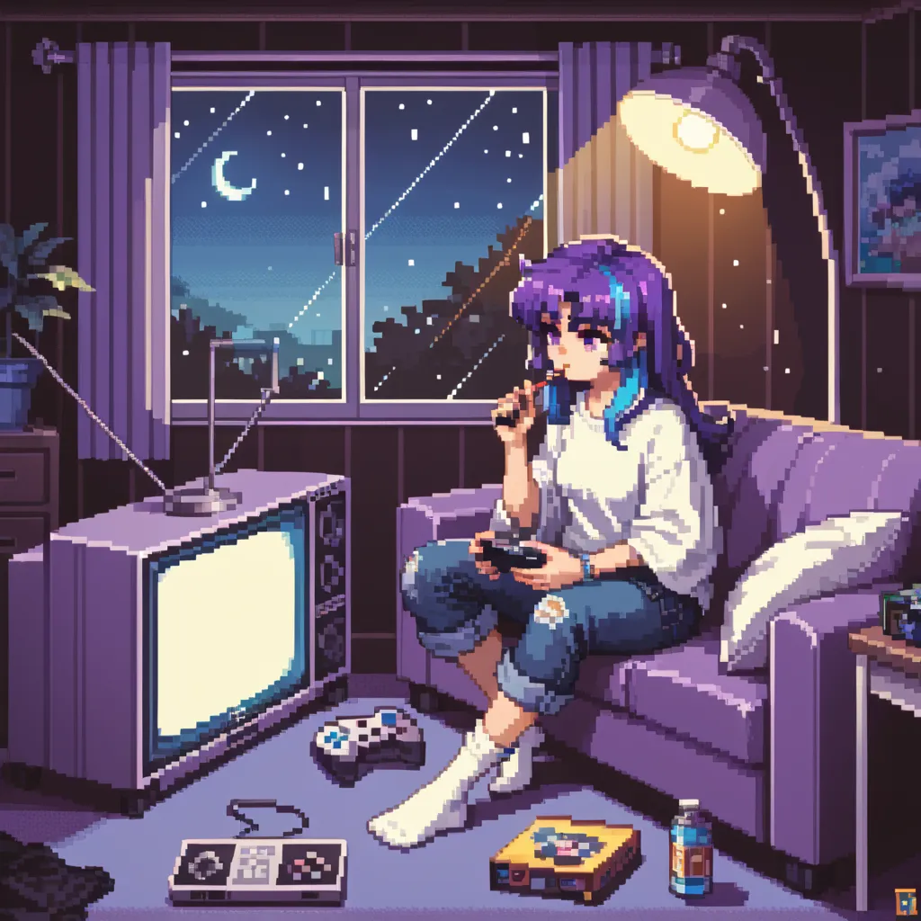 A pixel art scene of a cozy room at night, viewed from above. The color palette is mainly dark purple and black. A large window shows a rainy, starry sky. A dim ceiling light softly illuminates the space. The tops of furniture are visible, including a CRT ...