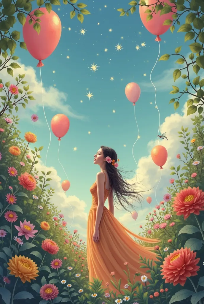 SUSANA WOMAN IN A GARDEN WITH FLOWERS STARS BALLOONS NAME SUSANA IN GOTHIC LETTERS