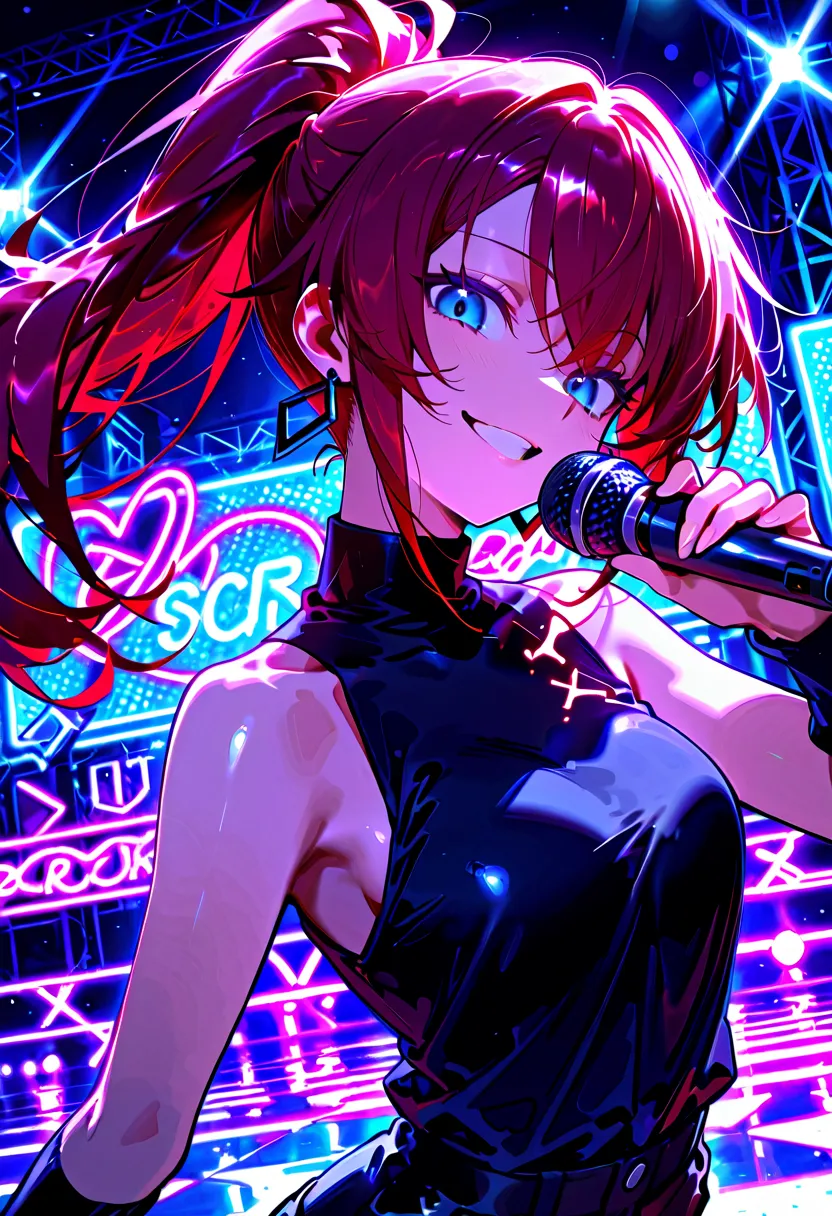 score_9, score_8_up, score_7_up, source_anime, 1girl, blue eyes, earrings, long hair, red hair, solo, parted lips, looking down, ponytail, black choker, black shorts, sleeveless turtleneck, mismatching socks, crazy smile, looking at viewer, ((holding a mic...