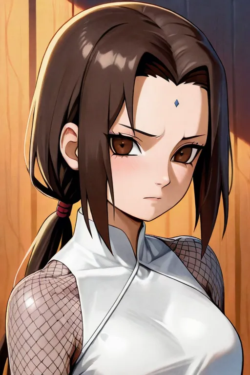 Create a character . The girl 20 years old.slender body .brown eyes, dark brown hair, weak low ponytail.opened forehead,beautiful, Mesh body.straight baige skirt with slits on bough sides. Naruto anime style. Without bangs, 