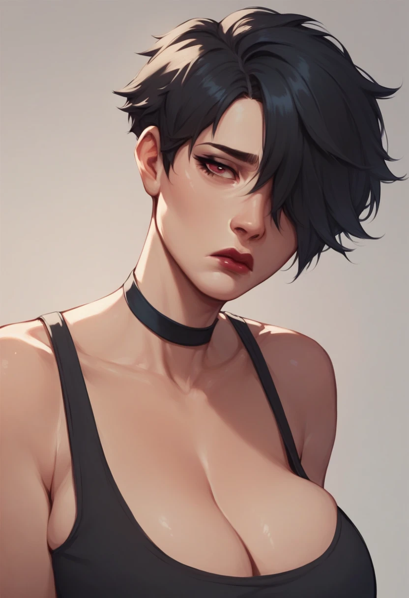 1 girl, milf, Red eyes, very Short hair, hair over one eye, black choker, lipstick, sad, black hair, tomboy Pixie haircut, tomboy Pixie haircut, tank top, huge breast, portrait, perfect body, face portrait