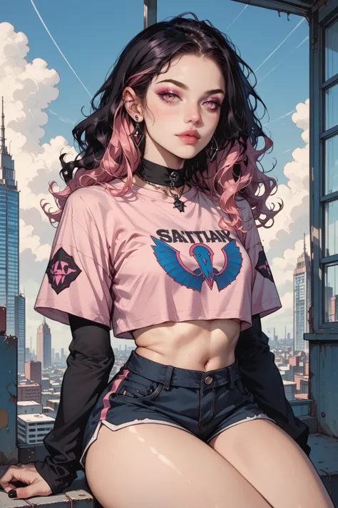 delusional art, blonde, dark pink costume, HD, surreal style, there is a black haired girl sitting on a city rooftop, long black hair, wavy black hair, cropped top, wearing elbow warmers to hide track marks, Feminine Gothic Aesthetics, Clear details , Arti...