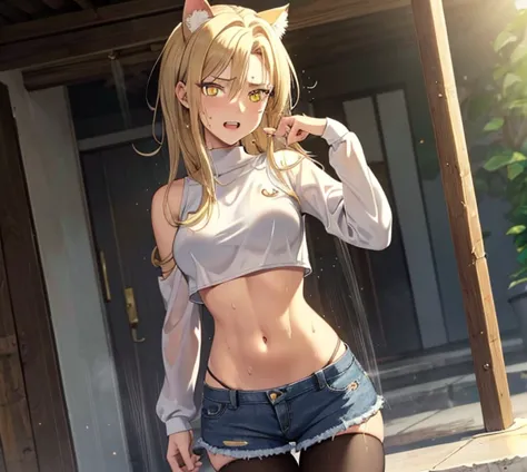 masterpiece,best quality,1girl,(mature female),,blonde hair,yellow eyes,hair ornament,center opening,navel,midriff,denim shorts,((sweat,sweatdrop,steaming wet 
body)),looking at viewer,sunlight,(dutch angle),scared expression
Cat ears. 18 years old girl, t...