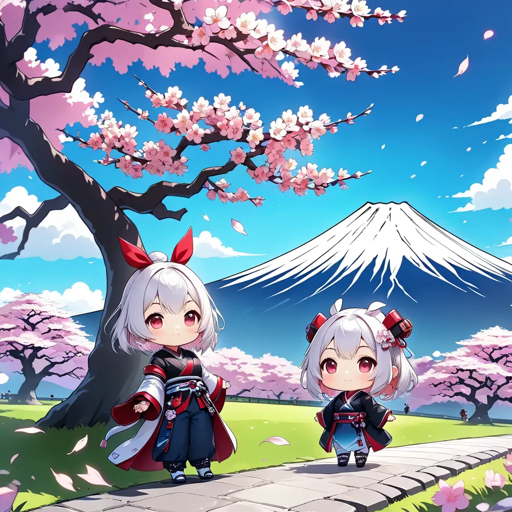  avatar style  , (Ultra-small deformation,  cute, Chibi Character Style), cherry blossoms、Cherry Blossom Viewing、 Mount Fuji、