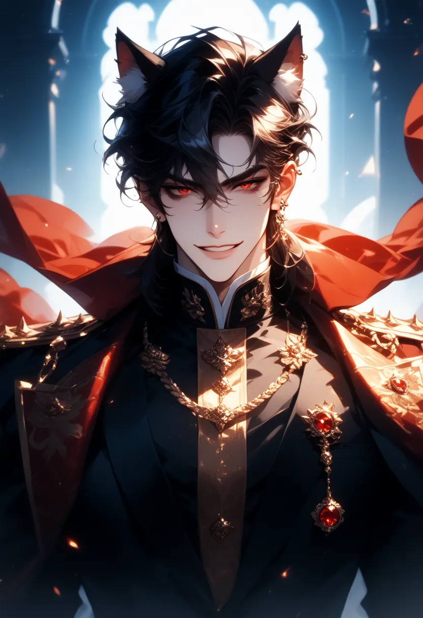 Solo,  1Boys,  short hair ,  face between eyes,  black hair, Cat ears,  red-eyed,  Evil Smile , great work, Complete , person,  casting, shirt, cool, face,  Slightly parted lips , Prince costume