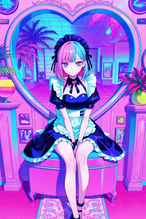 cool beauty, gradation color hair, slender body, sit in object , maid exotic fashion, tropical motif room, neon color, Vaporwave, girl inside Heart_shaped object,