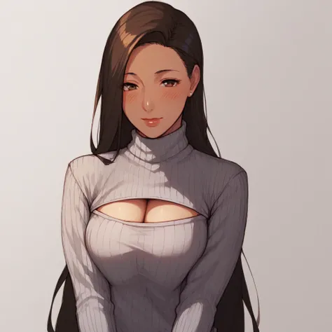 1girl,single, brown long hair, big boobs, brown eyes, cowboy shot, open-neck sweater, ribbed sweater, cleavage cutout, meme clothes, neckline clothes, turtleneck, sweater dress, cleavage, tow clothes, pull sweater, reach cleavage,no bangs, mature and seren...