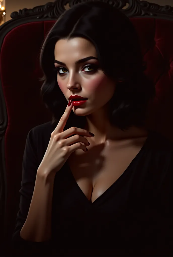 Sucking your finger, create a woman with red lipstick and makeup