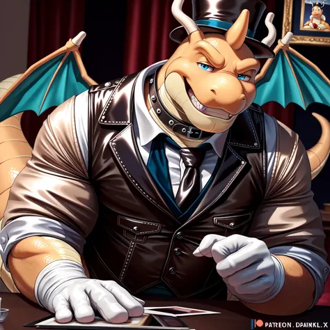 Male, fat, musclegut, obese, gentleman, dapper steampunk Dragonite, blue eyes, wearing a big leather collar around his neck, (soft shading), 4k, hi res, ((detailed face, detailed)), looking at viewer, evil grin, collared shirt with buttons, top-hat, neckti...