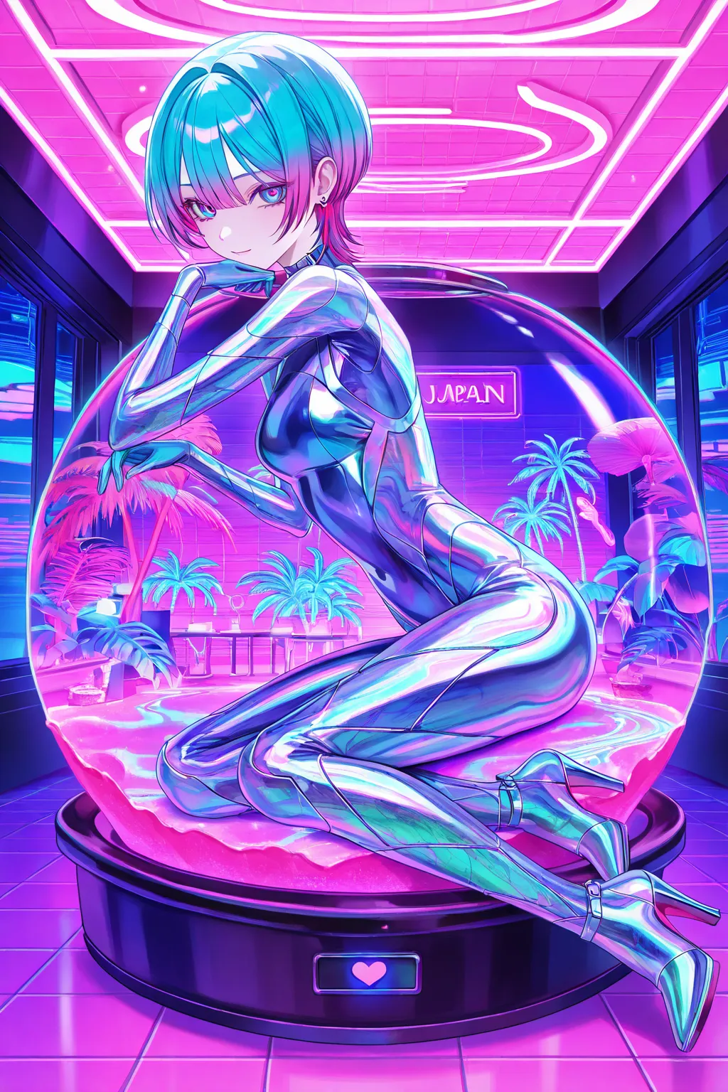 cool beauty, gradation color hair, slender body, sit in object , Japan exotic fashion, tropical motif room, neon color, Vaporwave, girl inside Heart_shaped object,