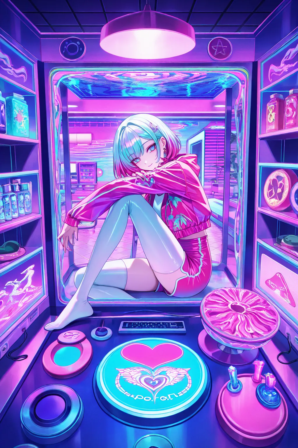 cool beauty, gradation color hair, slender body, sit in object , Japan exotic fashion, tropical motif room, neon color, Vaporwave, girl inside Heart_shaped object,