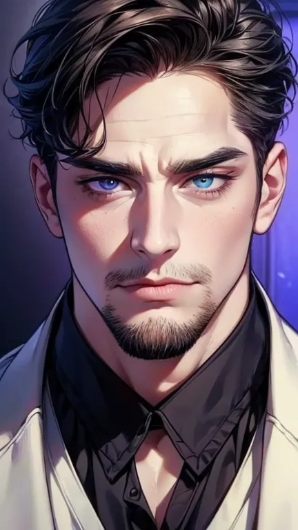 (  idiot,4K,8k,   highres,  masterpiece:1.2),   ultra-detailed,(Realistic,photoRealistic,photo-Realistic:1.37),36-year-old man,3 day beard,cute anime ,Portraits,strong,masculine,   dark hair,sharp jaw,      mesmerizing eyes      ,   perfectly combed hair, ...