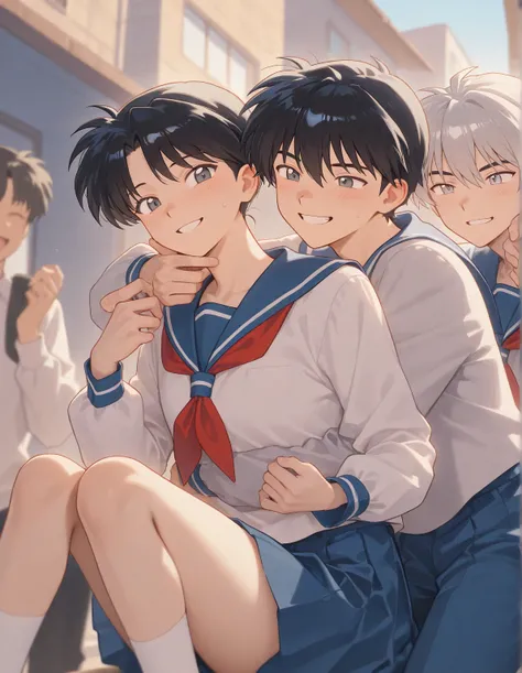 Tall ager boy student with Black short hair, light cold gray eyes, cooky Prince, smiling, wearing blue school uniform. The boy is joking. Inuyasha manga drawing art style.