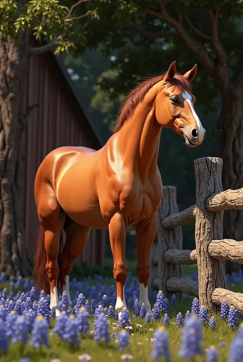 Standing orange-brown horse, bluebonnets on the ground, trees and bark brown barn in the background, add fences to the right, dark background 