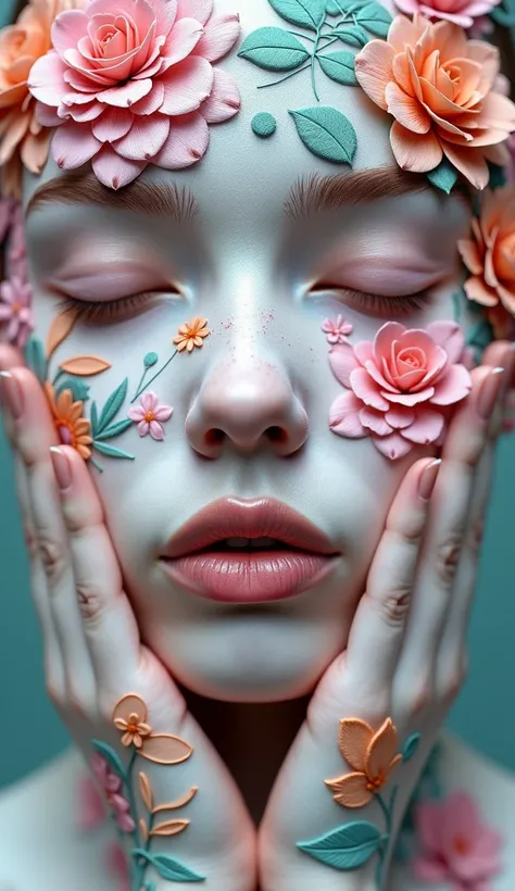 Close-up portrait of a person with a face and hands covered by intricate floral and geometric designs.    white skin,   young adult,   eyes closed. The designs are composed of medium textured elements, How do you count  , rose, flowers and organic shapes i...