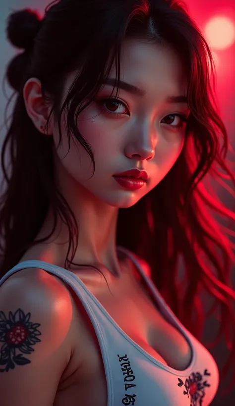  high quality images , 3D 8K,  taken with the highest quality camera , the camera , Fuji Camera , ,   use the highest quality and most modern images.. ,The best images and colors  ,  Asian girl with a round face  , There is a yakusa tattoo   ,  wearing a b...