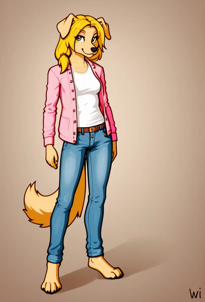 Anthropomorphic female golden retriever, long dark yellow hair, feet like paws ,  hourglass figure,  wearing, unbuttoned pink jacket, low cut light pink t-shirt, a pair of skinny jeans,  standing,  barefoot, full body, sfw
