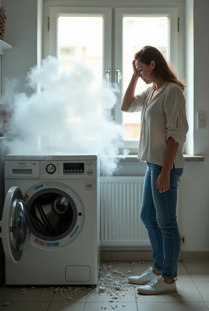 Create a hyper-realistic image of a broken washing machine emitting smoke. The machine should be open, with visible loose parts and exposed wires, clearly conveying that it is damaged.

Next to the machine, a woman with a sad and worried expression is obse...