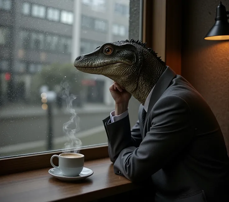 Photograph of anthropomorphic komodo dragon man wearing a grey suit, sitting in a cafe, looking out the window, weather outside is rainy, moody composition, camera raw, steaming cup of coffee