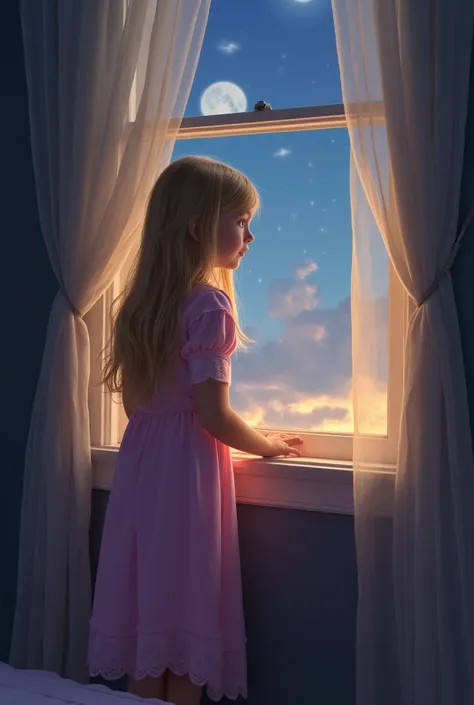 
in this room a young blonde girl with long hair and a pink nightie she looks out the window