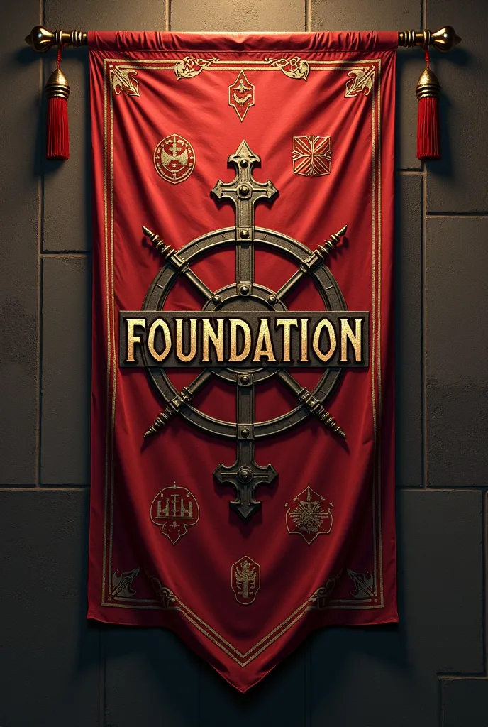 Make it have a medieval style for my clan banner, "Foundation" with the name in the middle with a reference to The Strongest Battleground from Roblox.