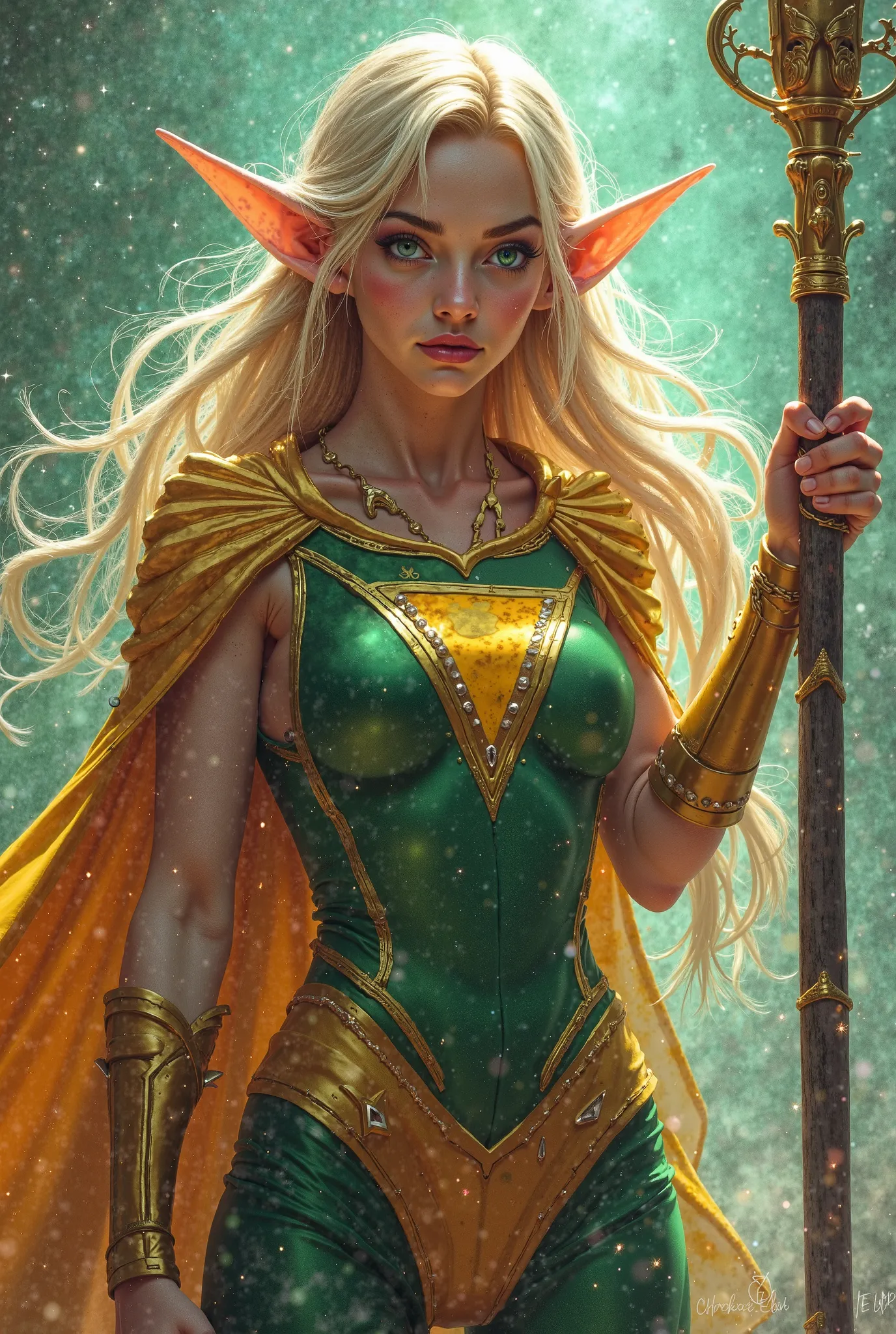 blonde female elf wizard wearing superhero costume with a staff in hand