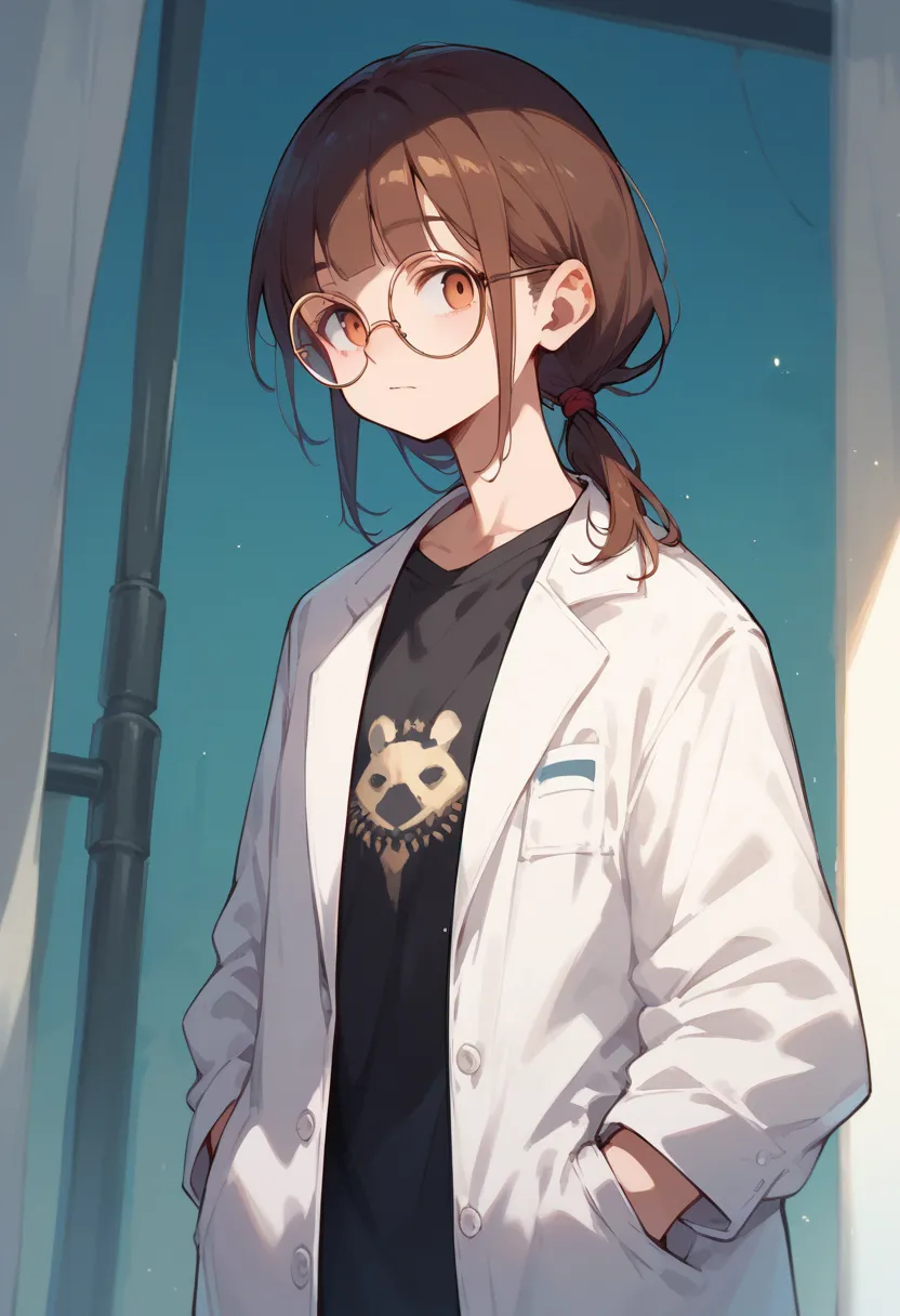 1girl, blunt bangs, low ponytail, brown hair, round glasses, no expression, blank face, white labcoat, black t-shirt, hands in pockets, cowboy shot, from front,