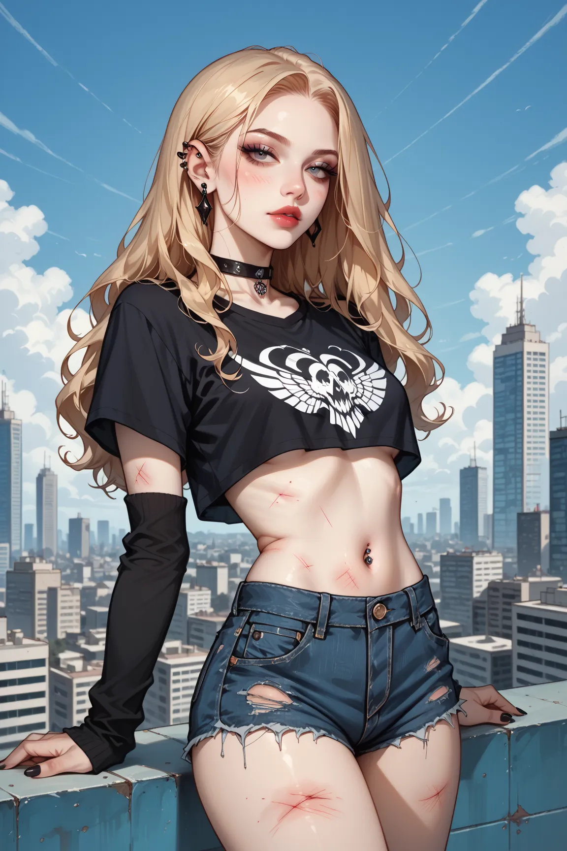 delusional art, blonde, HD, surreal style, city rooftop background, long black hair, wavy black hair, bruised and scratched up, druggy, cropped top, elbow warmers, frayed denim shorts, Feminine Gothic Aesthetics, Clear details , Artilove blow style, Silksc...