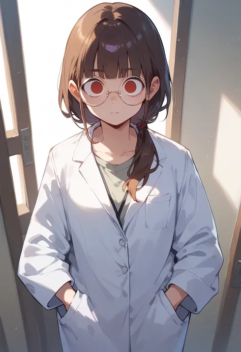 1girl, blunt bangs, low ponytail, brown hair, round glasses, no expression, blank face, white labcoat, simple black t-shirt, hands in pockets, cowboy shot, from front, pov,