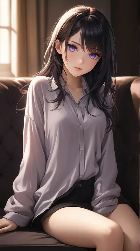  anime girl t-shirt, Long black hair, violet eyes,  She has a seductive look , has a black collar, He's wearing a long shirt, She is sitting on the couch