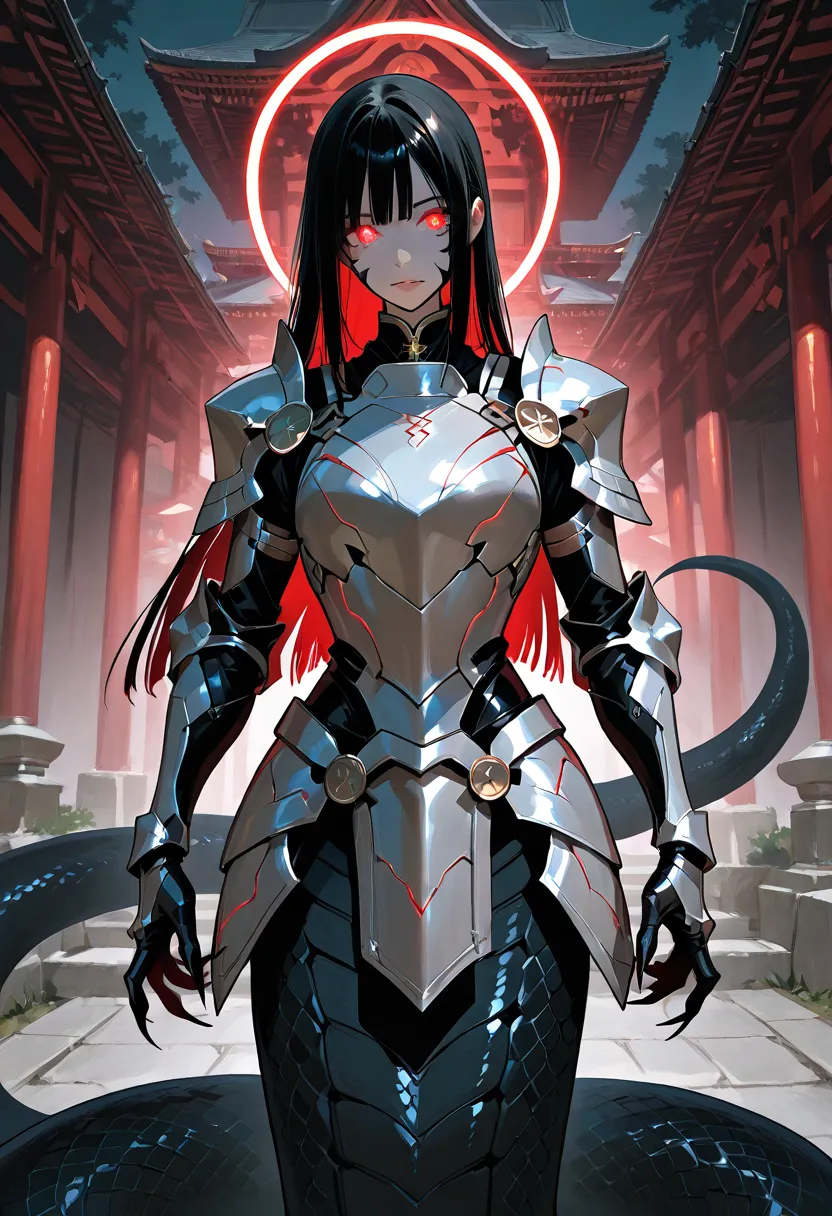 Lamia-style girl. Black snake body. Black straight hair. Light armor. Spiky. Red glowing lines. Sharp claws. Glowing eyes. Cat pupils. Japanese-style architecture.