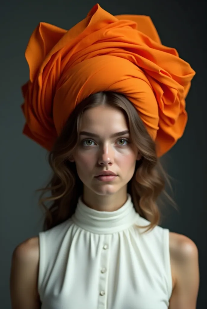 The image is a portrait of a young woman with a large, flowing orange turban on her head. The turban is made up of multiple layers of fabric, creating a voluminous and flowing effect. The woman is wearing a white dress with a high neckline and long sleeves...